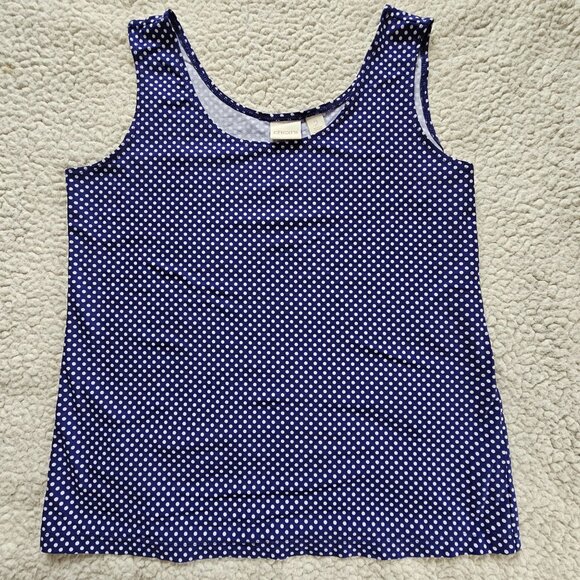 Chicos Size 2 Navy Blue & White Polka Dot Sleeveless Tank Top Stretchy Scoop Nec - Picture 4 of 7